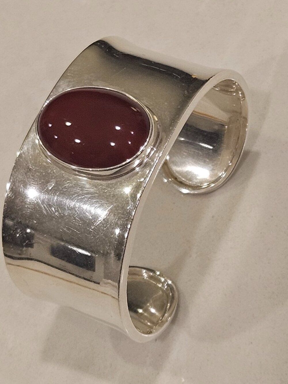 .925 Silver Adjustable Cuff Bracelet with Bezel Set Carnelian Stone